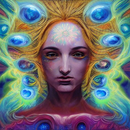 a psychedelic chakra awakening kundalini ethereal portrait of kim petras with her eyes closed transcending to a higher plane of existence, eternal blessing, multiverse, by android jones, by ben ridgeway, by ross draws, by noah bradley, by maciej kuciara, visionary art, oil painting, artgerm, featured on artstation, cgsociety, greg rutkowski 