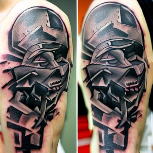 dark japanese urban architecture, tattoo, tattoo on upper arm