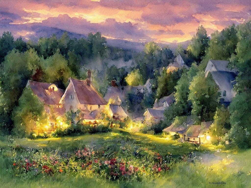 a beautiful night in the swedish countryside, watercolor painting by vladimir volegov 