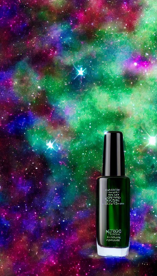 a beautiful bottle of nail polish filled with forest green small galaxy's and nebulas and blue sparkles, insane, intricate, highly detailed, Zeiss Lens, smooth, sharp focus, Unreal Engine 5, Octane Render, Redshift, 8K