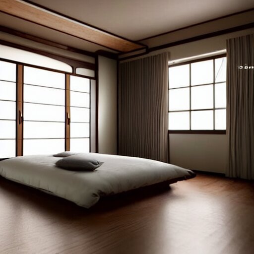 still photo of a japanese master bed room, highly detailed, photorealistic portrait, bright studio setting, studio lighting, crisp quality and light reflections, unreal engine 5 quality render 