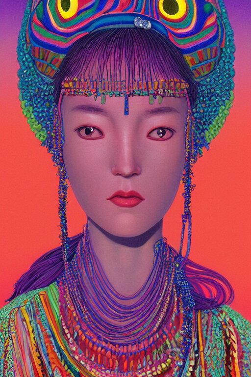 a colorful vibrant closeup portrait of a fashion model with a beaded headdress and dreaming psychedelic hallucinations, by kawase hasui, moebius, edward hopper and james gilleard, zdzislaw beksinski, steven outram colorful flat surreal design, hd, 8 k, artstation 