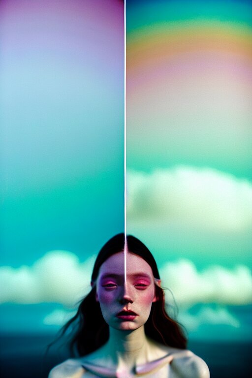 high quality pastel coloured film close up wide angle photograph of a model wearing clothing swimming on cloud furniture in a icelandic black rock!! environment in a partially haze filled dreamstate world. three point light, rainbow. photographic production. art directed. pastel colours. volumetric clouds. pastel gradient overlay. waves glitch artefacts. extreme facial clarity. 8 k. filmic. 