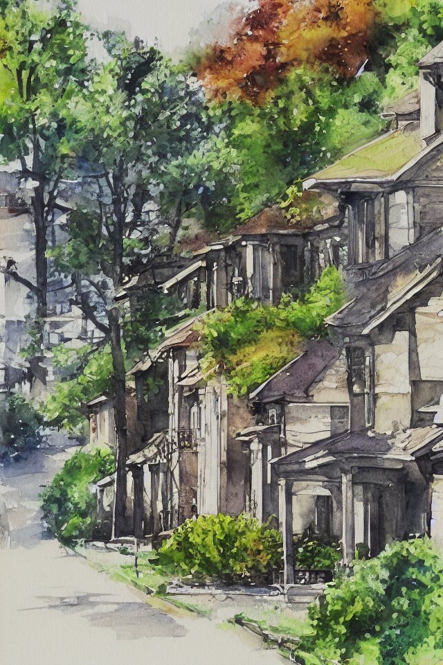 street lined with old residential houses summer watercolor by arti chauhan trending on artstation 