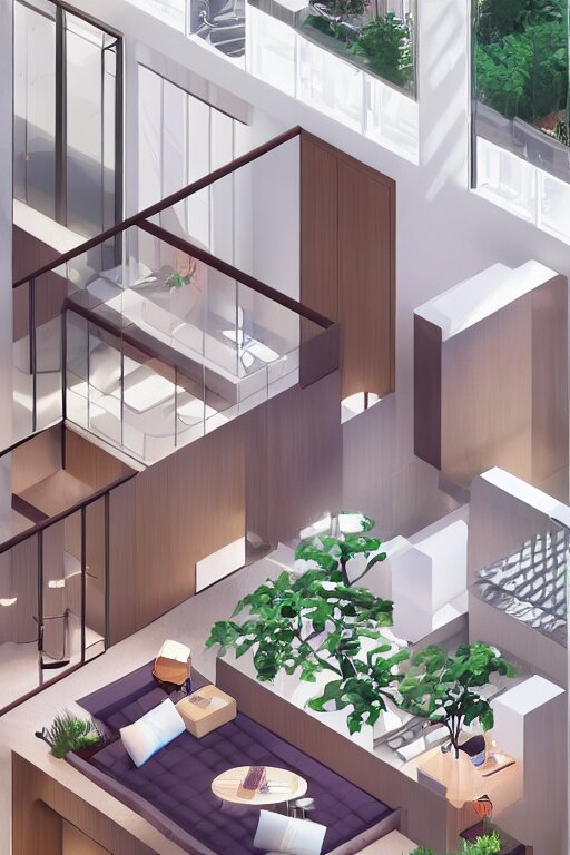 isometric interior of luxury condominium with minimalist furniture and lush house plants | modern architecture by makoto shinkai, ilya kuvshinov, lois van baarle, rossdraws and frank lloyd wright 