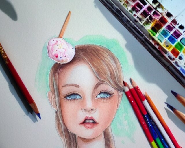 a girl with the ice cream watercolor colored pencil painting trending on artstation 