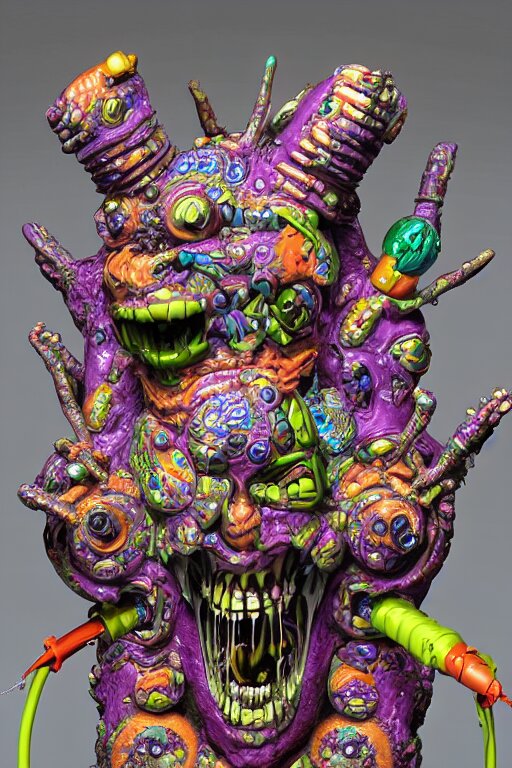 hyper-maximalist lowbrow style overdetailed 3d sculpture of a monster by clogtwo and ben ridgway inspired by beastwreckstuff chris dyer and jimbo phillips. Cosmic horror infused retrofuturist style. Hyperdetailed high resolution. Render by binx.ly in discodiffusion. Dreamlike surreal polished render by machine.delusions. Sharp focus. 