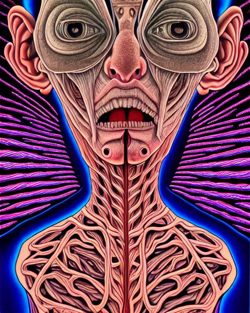 Human Body breaking away, Conjuring Psychedelic Illustration, part by Shintaro Kago, part by Alex Gray, ultra realistic, highly detailed, 8k, symmetry, grotesque, vibrant,