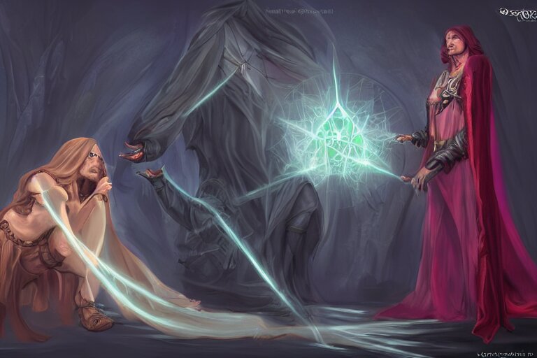 the dark sorceress bestows her magic upon her disciple, which is kneeling in front of her, concept art, trending on artstatio HD