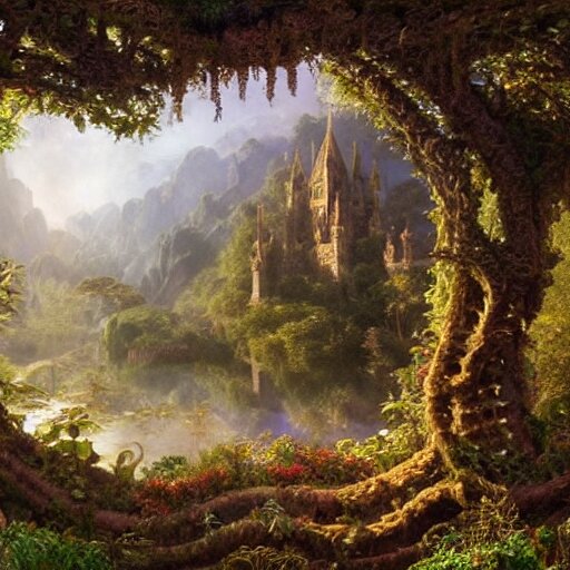 a beautiful and highly detailed matte painting of an elven temple in a magical fantasy garden in a lush forest in the mystical mountains, celtic knots, carved runes, intricate details, epic scale, insanely complex, 8 k, sharp focus, hyperrealism, very realistic, by caspar friedrich, albert bierstadt, james gurney, brian froud, 