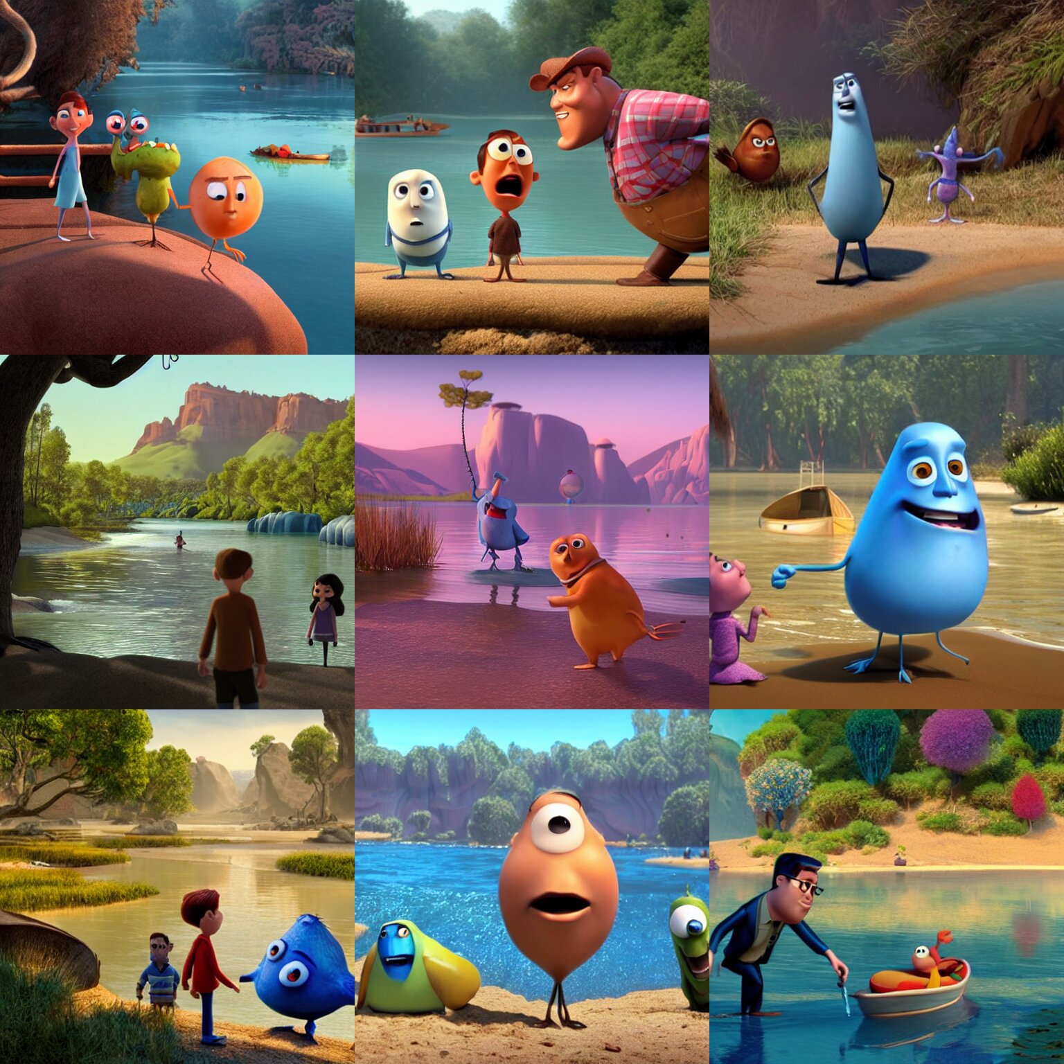 mister gone meets the river people, a still from the pixar movie, 3 d, animated, pixar 