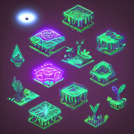 concept art 2 d game asset of furniture with an organic isometric design based on bioluminescent alien - like plants inspired by the avatar's bioluminescent alien nature. around the furniture, we can see plants that glow in the dark. all in isometric perspective and semi - realistic style item is in a black background colorful neons masterpiece 