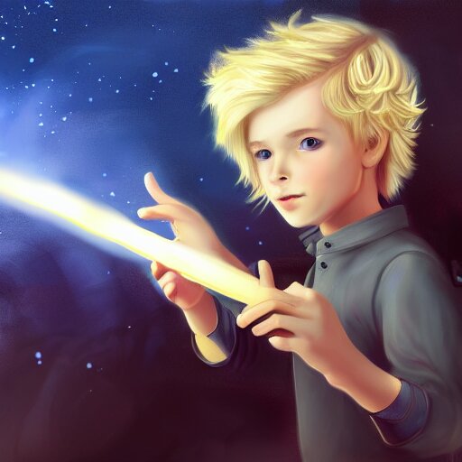 A young mage with blonde hair holding a magical wand. Fantasy, digital painting, HD, 4k, detailed.