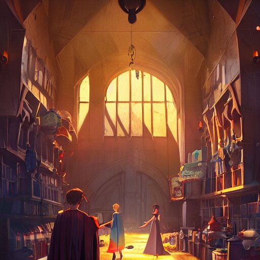 a wholesome animation key shot of harry potter classes, colorful, pixar and disney animation, sharp, very detailed, high resolution, key art by greg rutkowski, bloom, dramatic lighting 