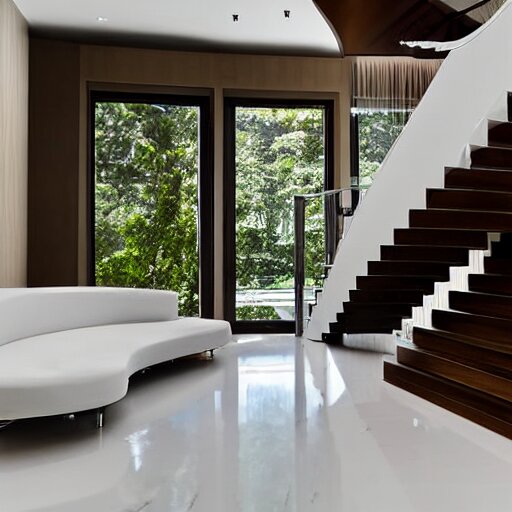 A modern style living room with floor to ceiling glass windows on the left and curved wooden stairs going upstairs on the right, two white sofas with a white marble table in the center, stairs to the second floor, 8k resolution, professional interior design photograph, wide angle photograph