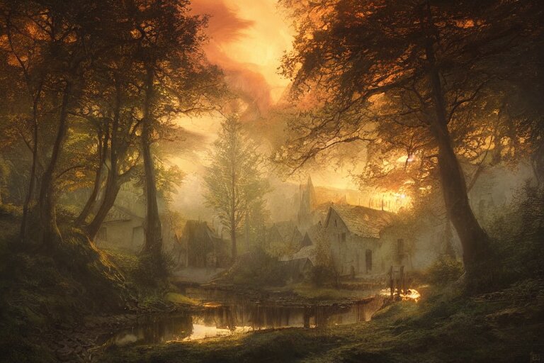 a medieval celtic village with a stream in a forested valley, sunset with ominous shadows by jessica rossier and brian froud cinematic painting 