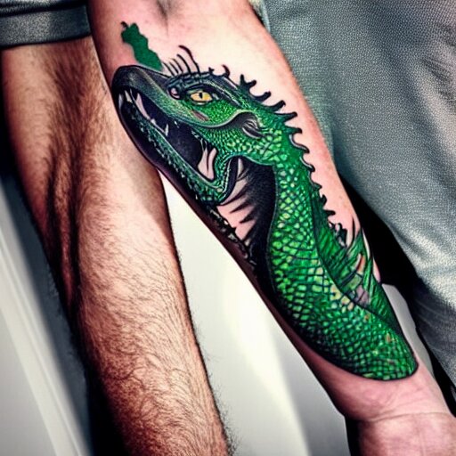 forearm tattoo of a dragon with a green emerald in its mouth, dark and vibrant forearm tattoo