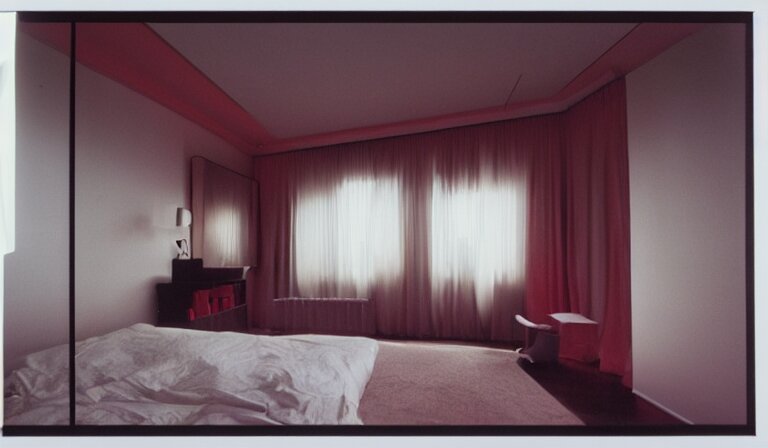 A bedroom designed by Peter Saville, 35mm film, long shot