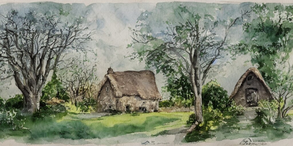 old thatched cottage with a front garden among the trees, watercolor 