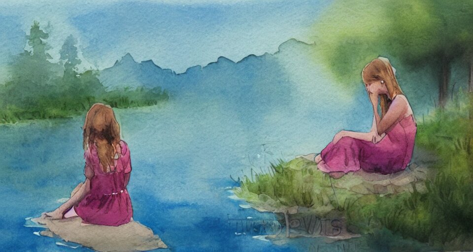 watercolor painting of flowers by the lake, dramatic lighting, peaceful, girl sitting, 