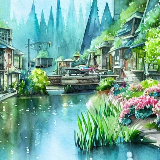 Beautiful happy picturesque charming sci-fi town in harmony with nature. Beautiful light. Water and plants. Nice colour scheme, soft warm colour. Beautiful detailed artistic watercolor by Vincent. (2022)