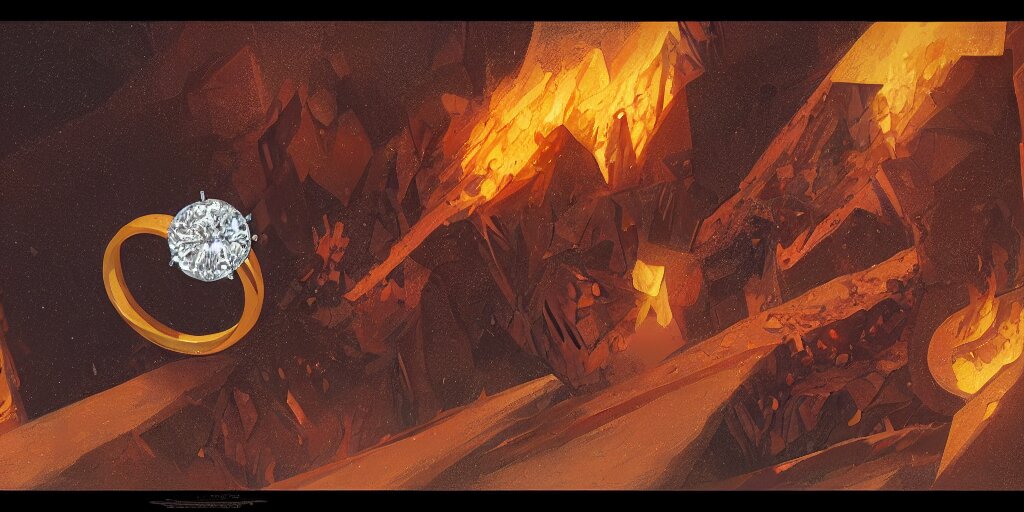 magic ring with a diamond, fire, flame, engraving, d & d, item, graphic, close - up, design, shimmer, artbook, page, detailed, trending on artstation, cgsociety, ralph mcquarrie and greg rutkowski 