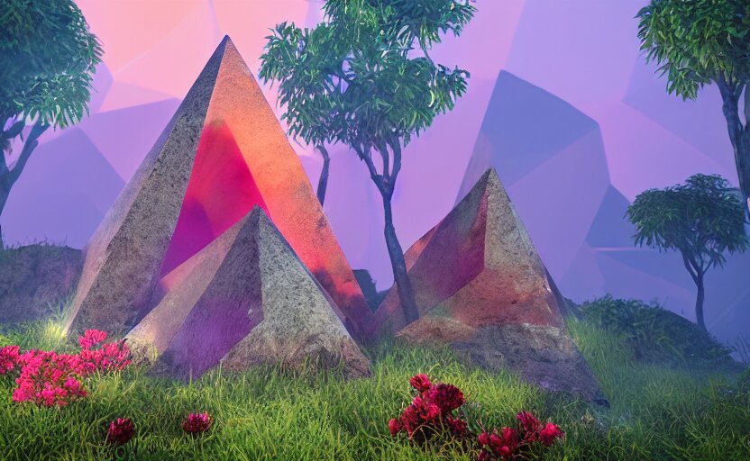 a crystal tetrahedron!!! in the middle of ancient ruins in a lush prehistoric jungle, inside a humongous cave, red and magenta flowers, sunset, godrays, orange and blue sky, haze, volumetric lighting, a high - quality render, photorealistic, unreal engine 5 