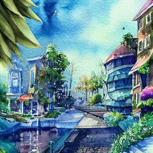 Beautiful happy picturesque charming sci-fi town in harmony with nature. Beautiful light. Water and plants. Nice colour scheme, soft warm colour. Beautiful artistic watercolor by Lurid. (2022)