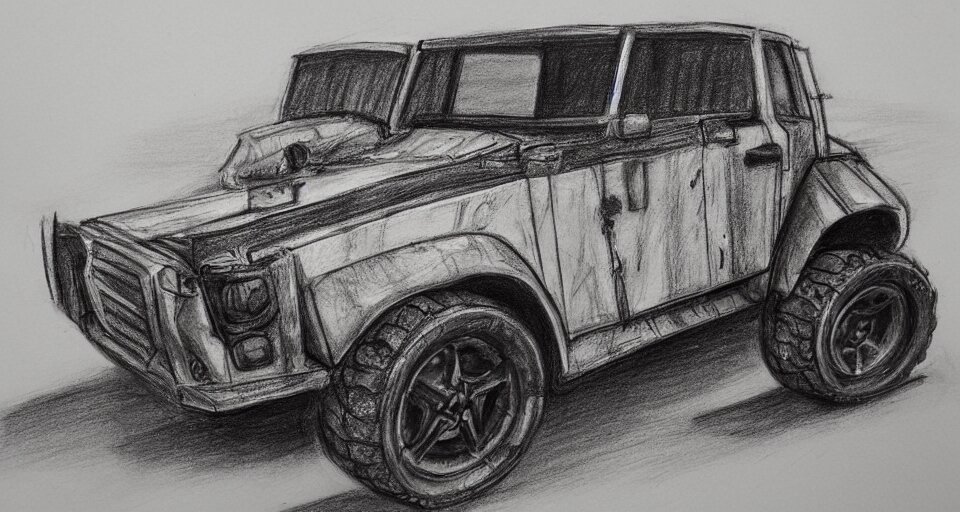 graphite drawing of a stylized cartoony fury road car 