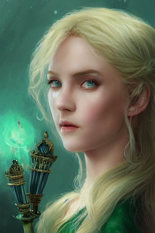 Lexica - Blonde Sorceress In A Green Dress Holding A Magical Sceptre 