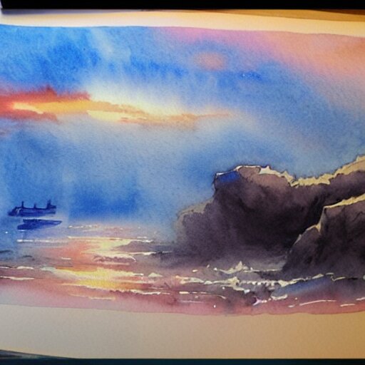 atlantide at sunrise. watercolor. trending on artstation. 