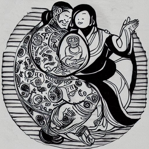 a pregnant robot woman giving birth to a yin - yang daoist symbol emerging out of womb, full body black and white drawing 