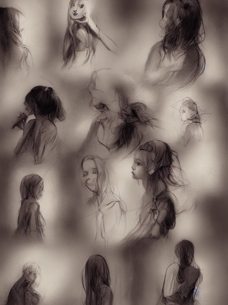 sketches of girl by concept artists, blunt borders, rule of thirds, whimsical, light and shadow, backlighting! 