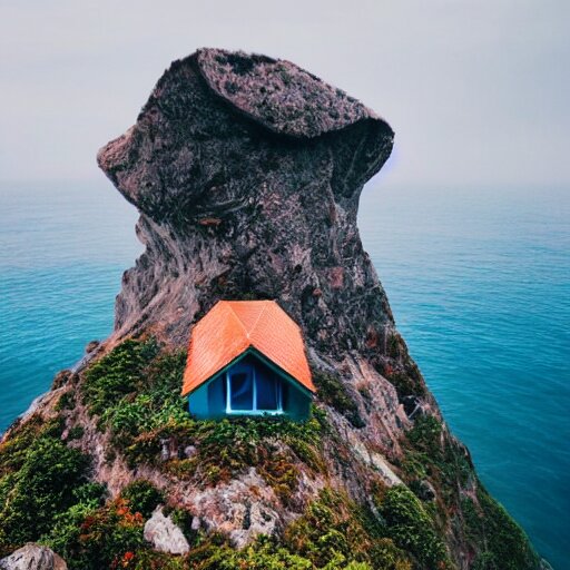 a mountain and the sea, a little house in the middle of the sea 