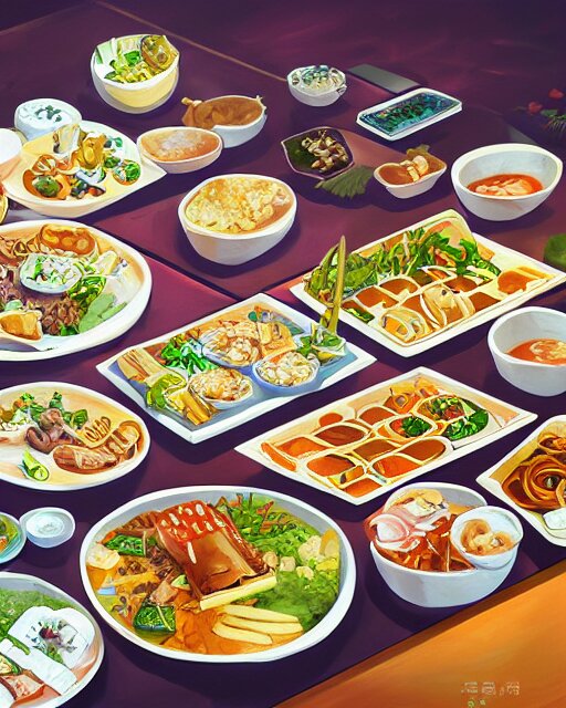 a painting of a table full of korean foods, concept art by taro yamamoto, pixiv contest winner, auto - destructive art, official art, concept art, pixiv 