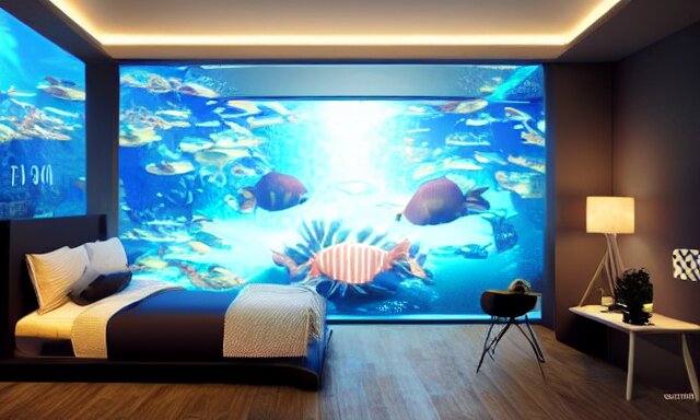 a futuristic bedroom deep under the sea, photorealistic magazine picture, studio lighting, cozy, extremely detailed and realistic 