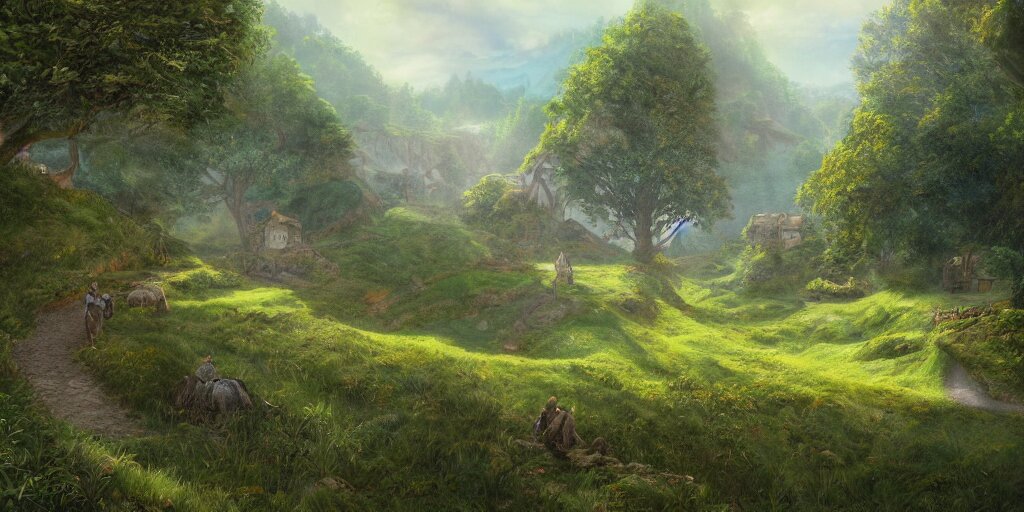 the shire, beautiful scenic landscape, lord of the rings, highly detailed professional digital painting, artstation 