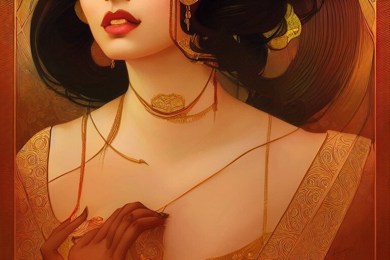 sensual bengali girl, art deco portrait, elegant, intricate, digital painting, artstation, concept art, smooth, sharp focus, illustration, art by artgerm and greg rutkowski and alphonse mucha 