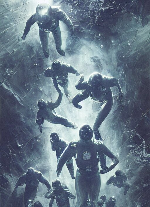 astronauts divers in dark void underwater - complex and hyperdetailed technical suit design. reflection and dispersion materials. rays and dispersion of light. volumetric light. f / 3 2. noise film photo. flash photography. ultra realistic, 5 0 mm. poster by wayne barlowe, hajime sorayama aaron horkey, craig mullins 