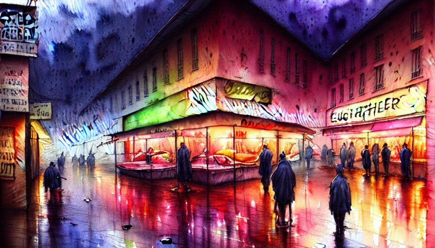 watercolor painting of a butcher shop, raining, busy street, romantisism, outrun, pastel colors, painting, moody, detailed, by android jones 