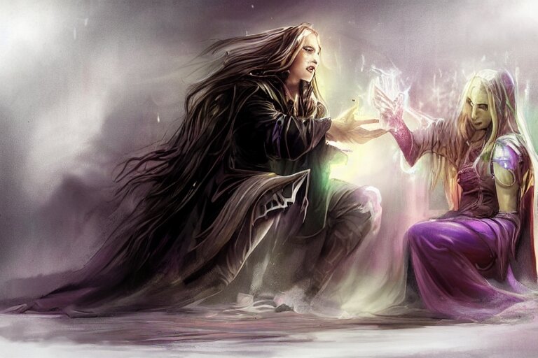 the dark sorceress bestows her magic upon her disciple, which is kneeling in front of her, concept art, trending on artstatio HD