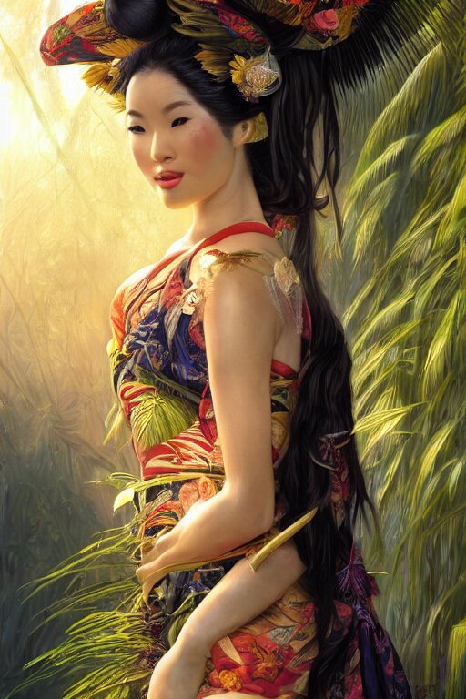 stunningly beautiful, peruvian geisha prima ballerina in jungle, symmetrical face, golden hour, smooth, focus, highly detailed, hyper realistic, dramatic lighting, elegant, intricate, concept art, art by wlop, mars ravelo, greg rutowski, artstation 