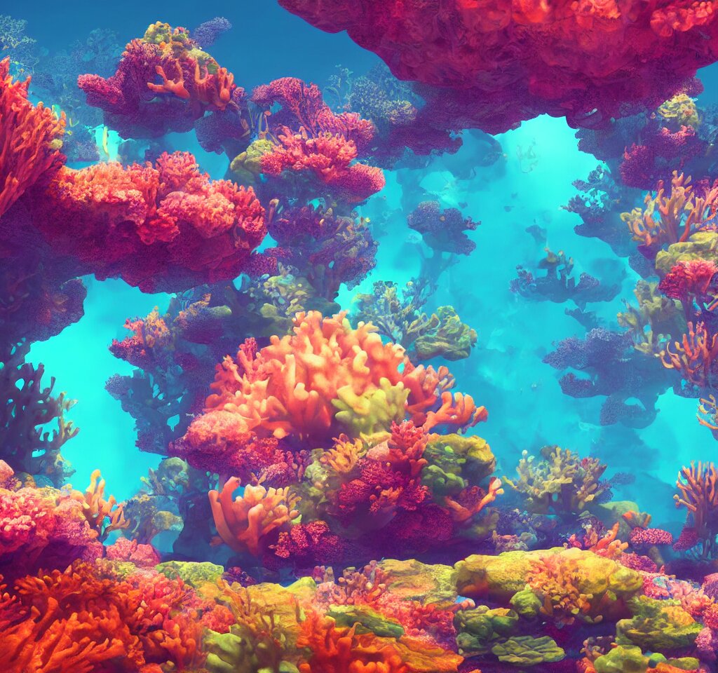 underwater neon coral reef landscape magical realism painting with sun rays coming from above, neon pastel colors, octane render, maya, cinema 4d