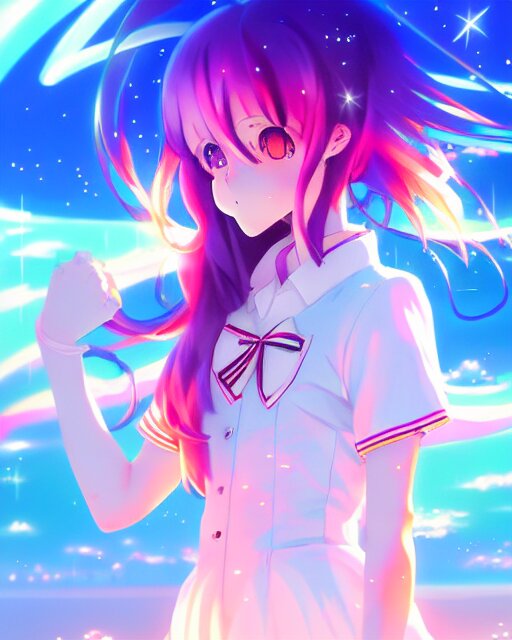 anime style, vivid, expressive, full body, 4 k, painting, a cute magical girl with a long wavy hair wearing a sailor outfit, correct proportions, stunning, realistic light and shadow effects, neon lights, studio ghibly makoto shinkai yuji yamaguchi 