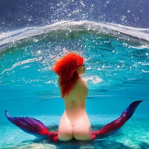 beautiful curvy perfect mermaid under the water with flowing tail swims peacefully under the ocean surface on a warm sun filled day, her red hair trails behind her floating in the water. natural beauty gorgeous stunning photo 