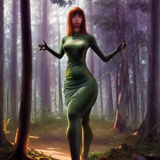 full body portrait of a female wearing a skintight dress in a forest, large thighs, perfect face, intricate, elegant, highly detailed, digital painting, artstation, smooth, sharp focus, illustration, art by artgerm and greg rutkowski and alphonse mucha, 8 k 