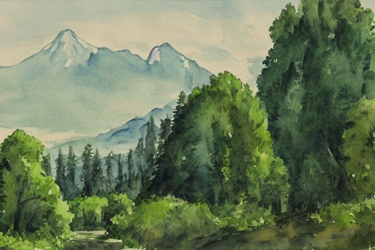 green landscape with trees and mountains in the distance, watercolor 