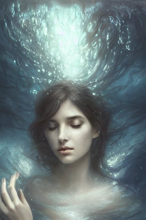 meditation deep in dark murky water!!!, underwater atmospheric mood, asleep and dreaming! cinematic volumetric lights, bust portrait, dnd, fantasy, intricate, elegant, highly detailed, digital painting, artstation, concept art, smooth, sharp focus, illustration, art by artgerm and tom bagshaw and greg rutkowski and alphonse mucha 