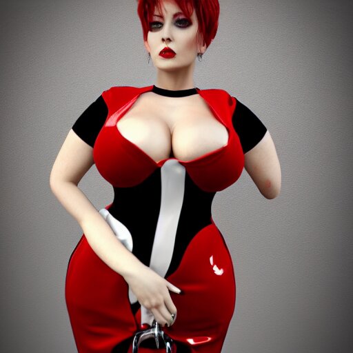 an elegant curvy feminine pale goth cutie wearing an elaborate latex-nylon-leather striped red-black-silver-gold neck-high dress, thin waist, cgsociety, photorealistic, 16k, smooth, sharp focus, trending on ArtStation, volumetric lighting, worksafe, sublime-comforting-intriuging ambience