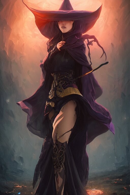 a beautiful dark magician girl with a large witches hat that covers her face by Greg Rutkowski, Sung Choi, Mitchell Mohrhauser, Maciej Kuciara, Johnson Ting, Maxim Verehin, Peter Konig, final fantasy , mythical, 8k photorealistic, cinematic lighting, HD, high details, atmospheric,